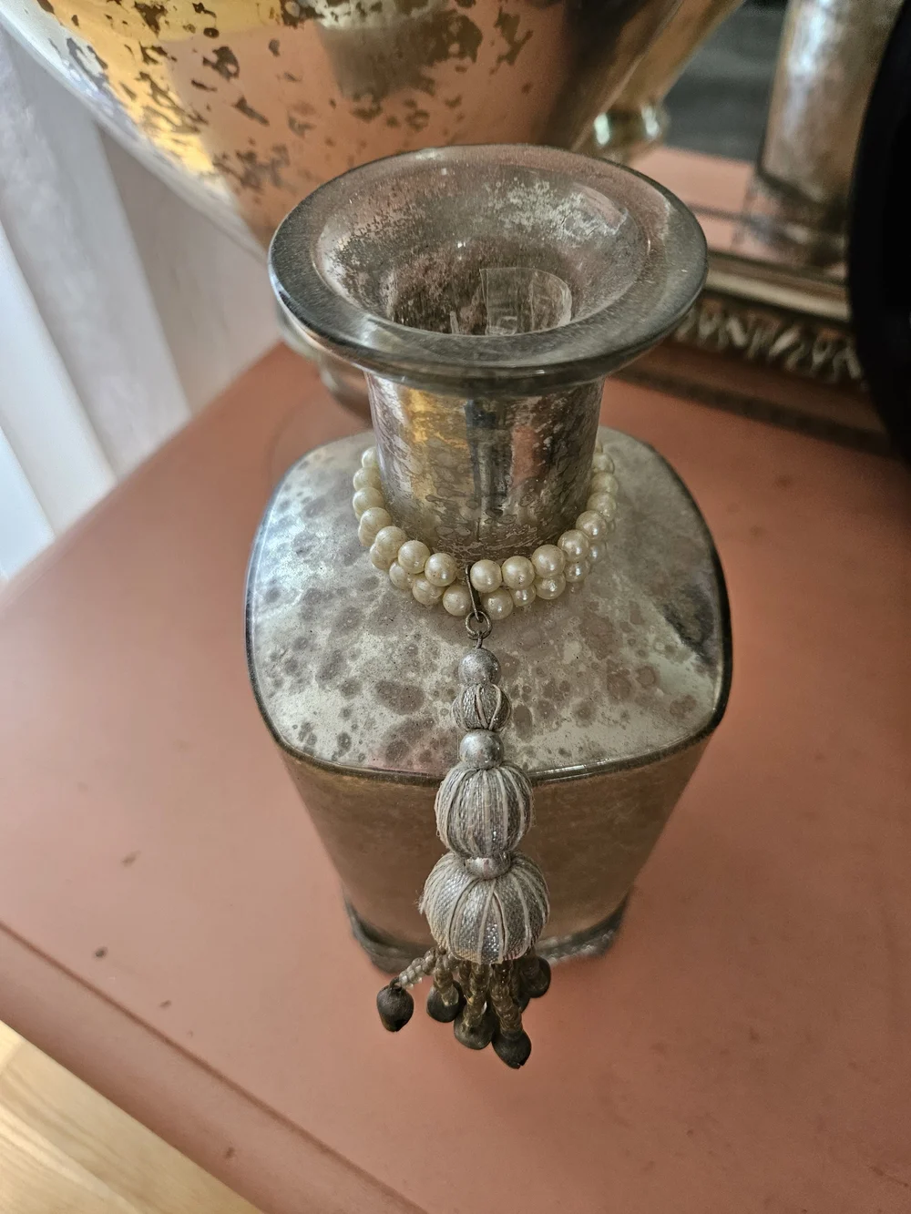 Mercury Glass Decorative Vase with Pearl Necklace and Tassel